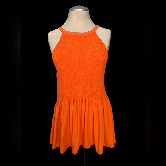 Torrid Vibrant Orange Challis Smocked Perplum Tank Top - Picture 3 of 9